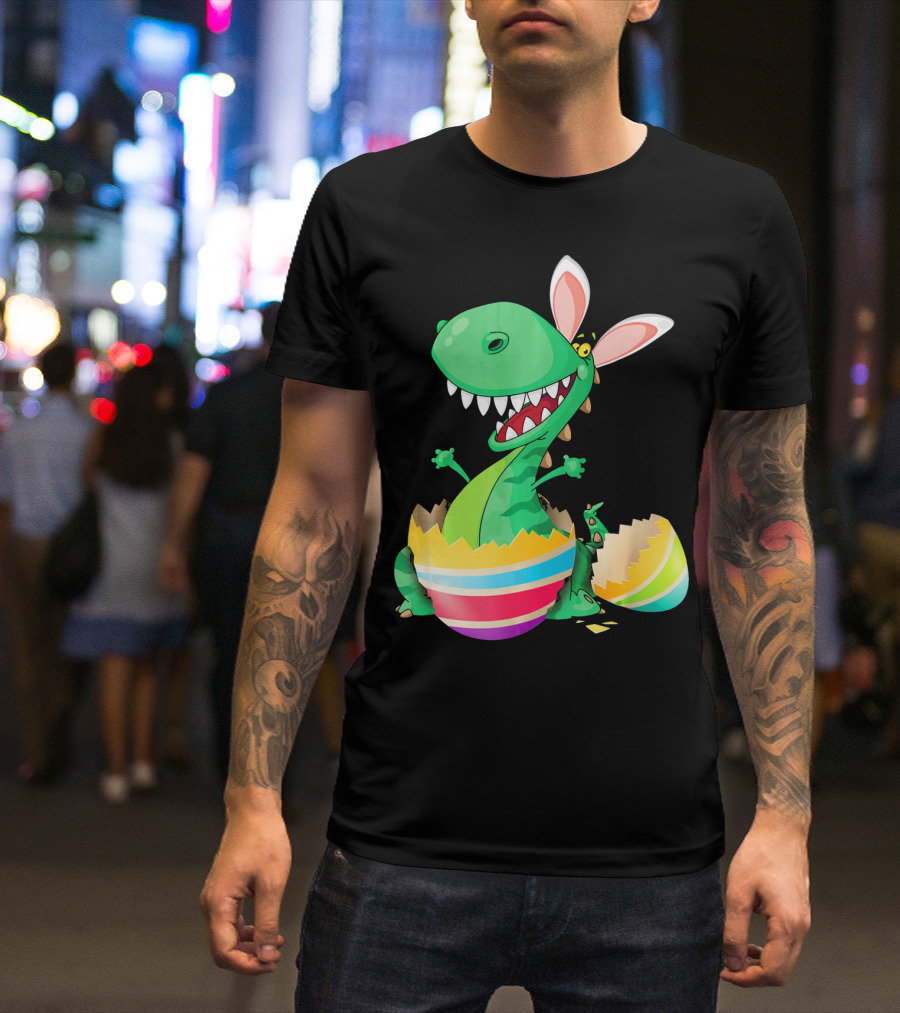 Easter Dinosaur Bunny Emerging From Striped Egg T-Shirt