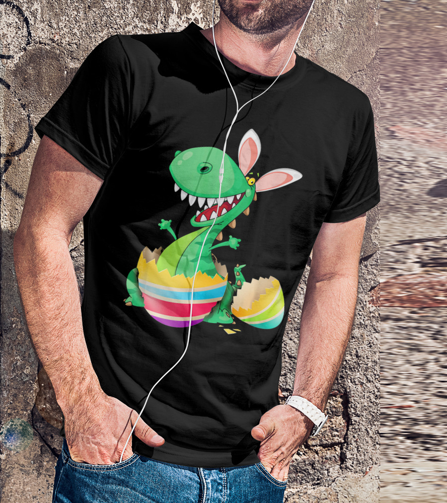 Easter Dinosaur Bunny Emerging From Striped Egg T-Shirt