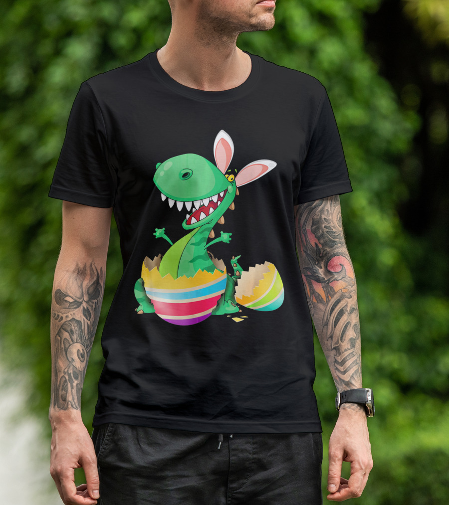 Easter Dinosaur Bunny Emerging From Striped Egg T-Shirt