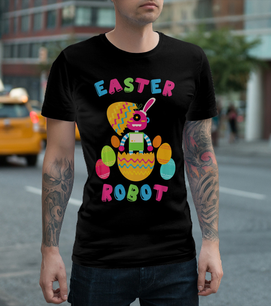 Easter Robot Bunny With Colorful Eggs T-Shirt