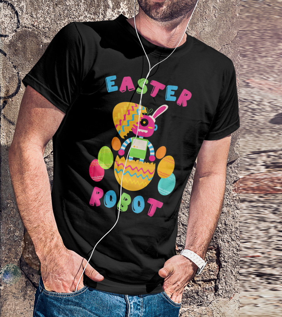 Easter Robot Bunny With Colorful Eggs T-Shirt