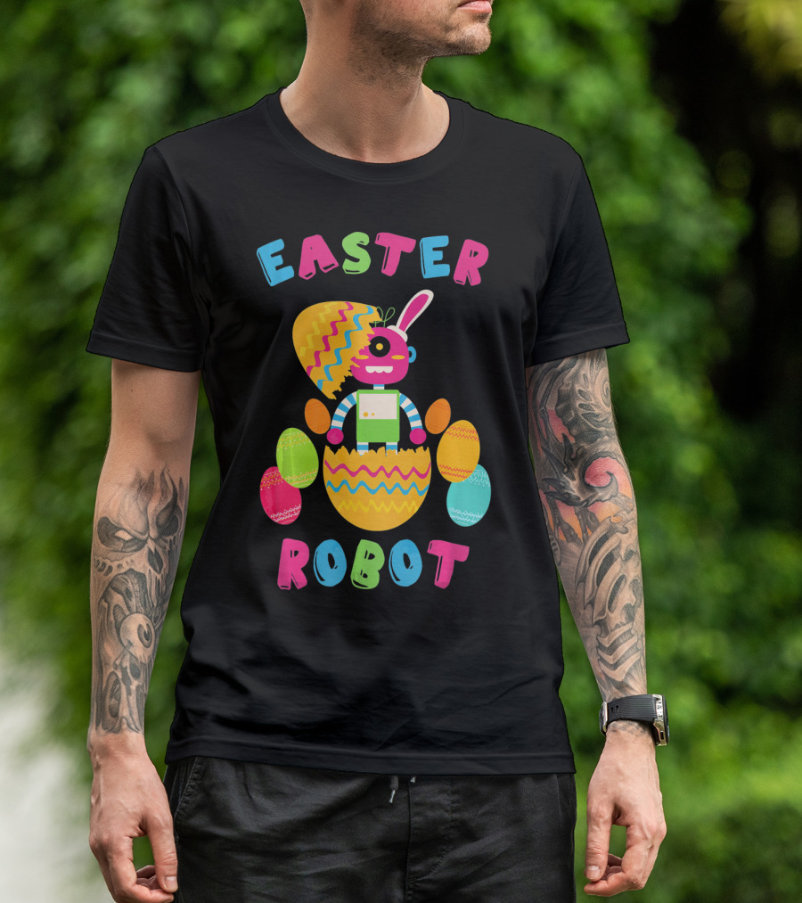 Easter Robot Bunny With Colorful Eggs T-Shirt
