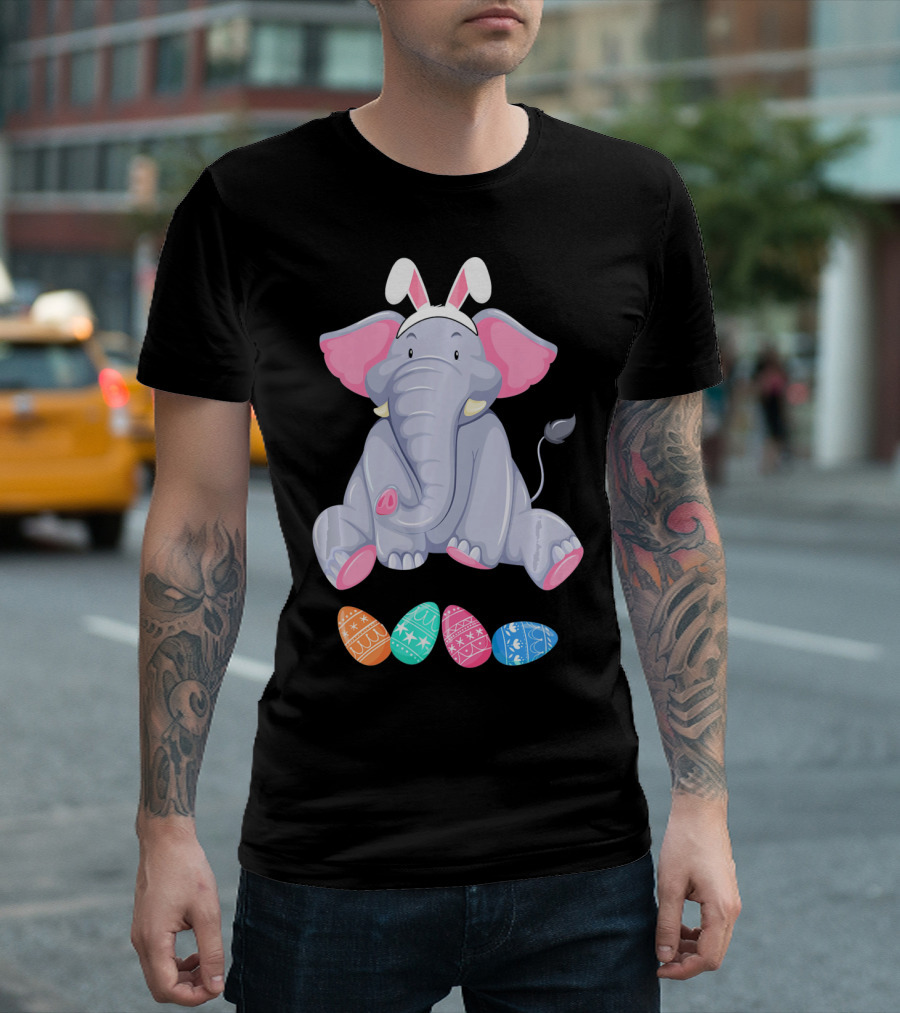 Funny Easter Elephant With Bunny Ears and Colorful Patterned Eggs T-Shirt