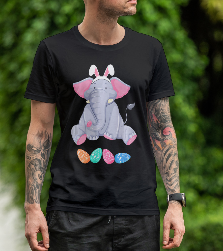Funny Easter Elephant With Bunny Ears And Colorful Patterned Eggs T-Shirt