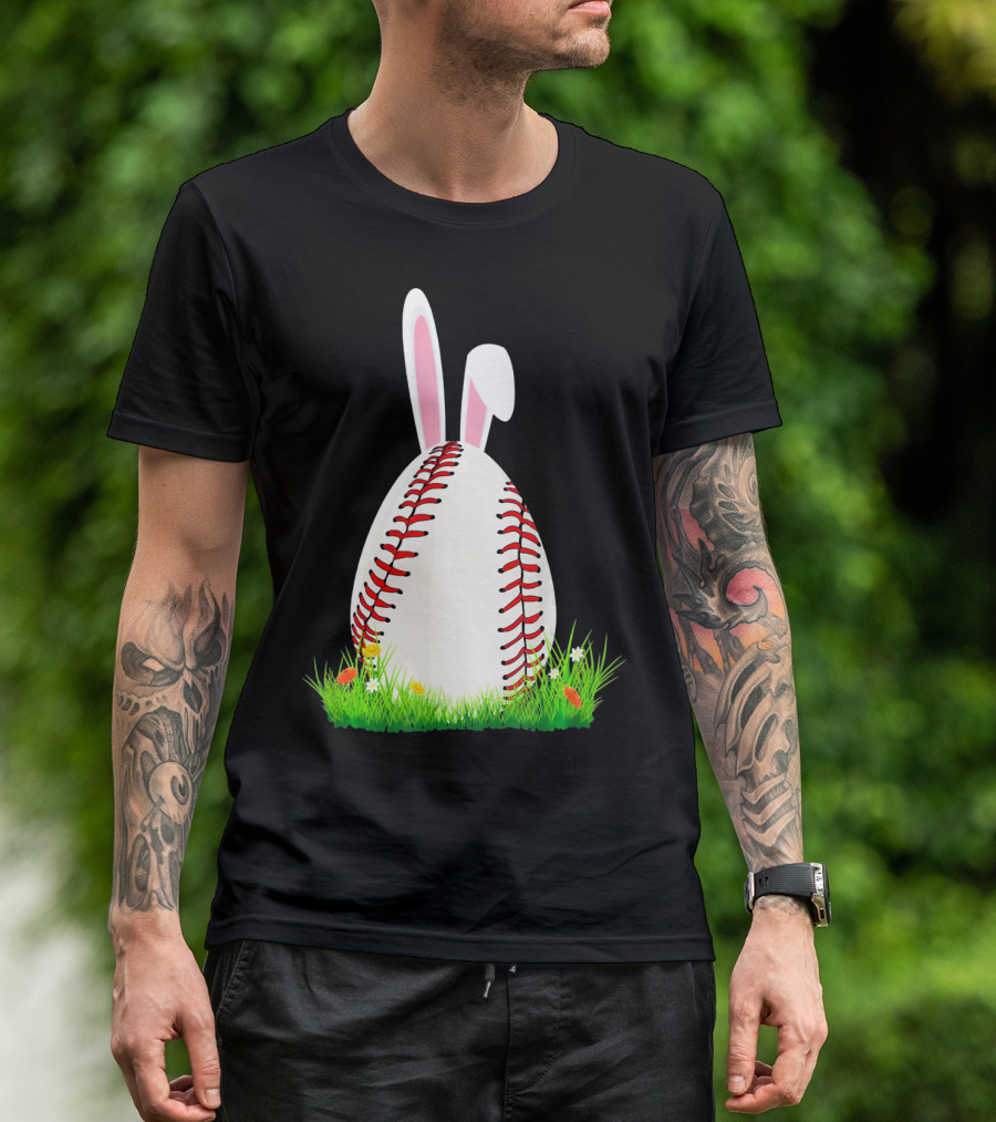Cute Easter Bunny Baseball Egg With Ears On Grass T-Shirt