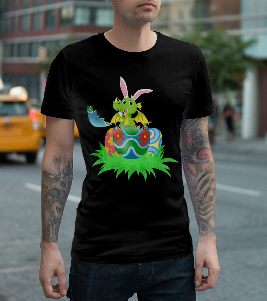 Easter Dragon Egg Hunt with Bunny Ears and Colorful Eggs in Grass T-Shirt