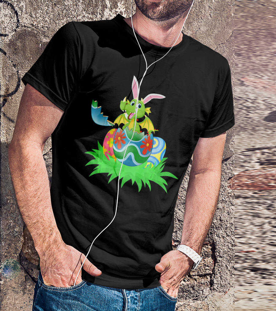 Easter Dragon Egg Hunt With Bunny Ears And Colorful Eggs In Grass T-Shirt
