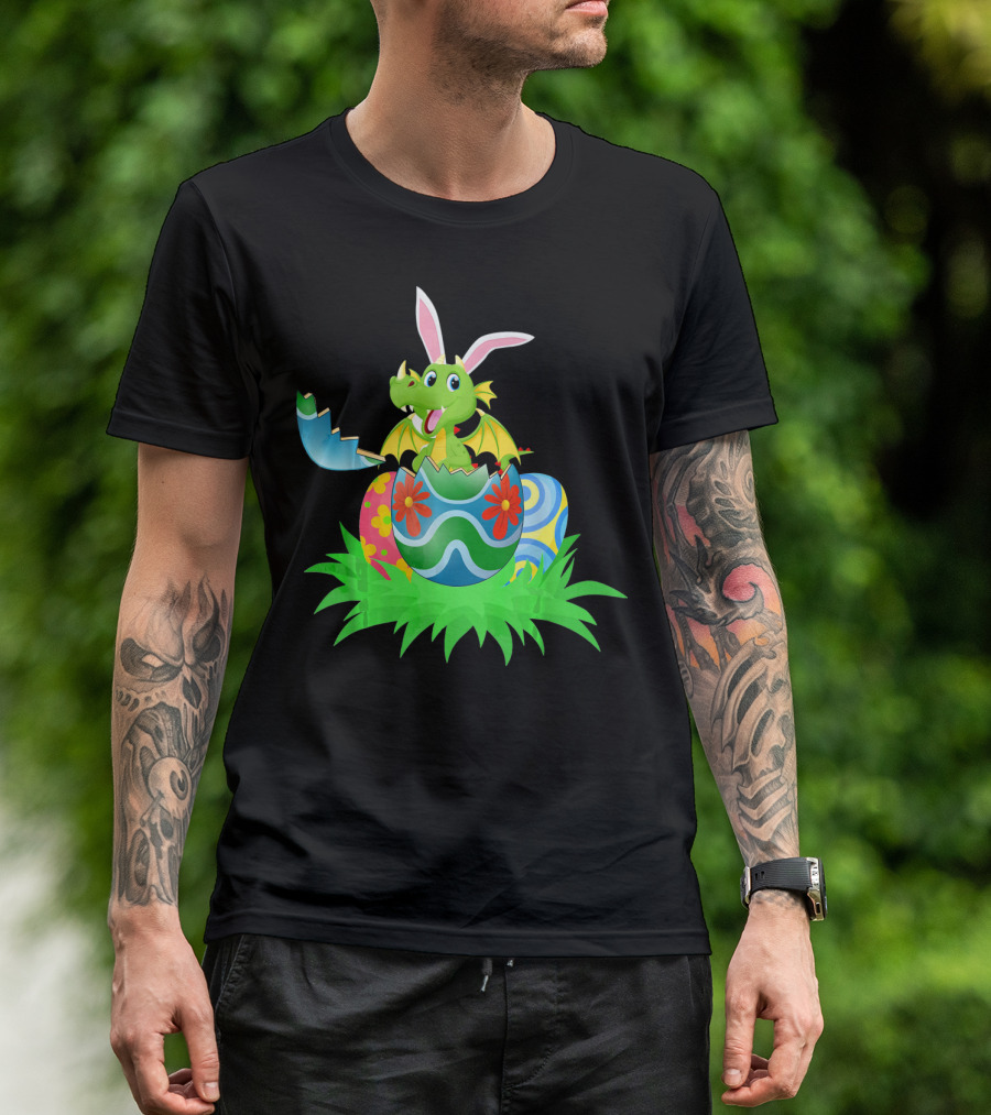 Easter Dragon Egg Hunt With Bunny Ears And Colorful Eggs In Grass T-Shirt