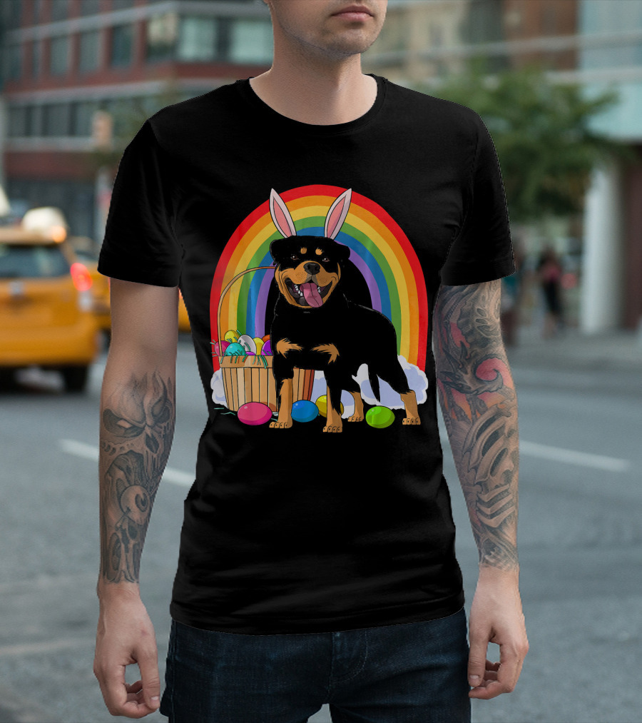 Rottweiler Bunny With Easter Eggs And Rainbow T-Shirt