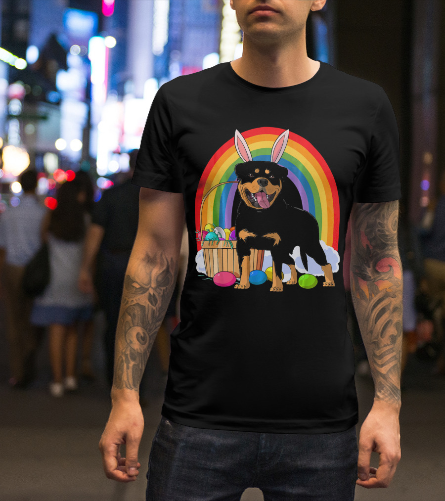 Rottweiler Bunny With Easter Eggs And Rainbow T-Shirt
