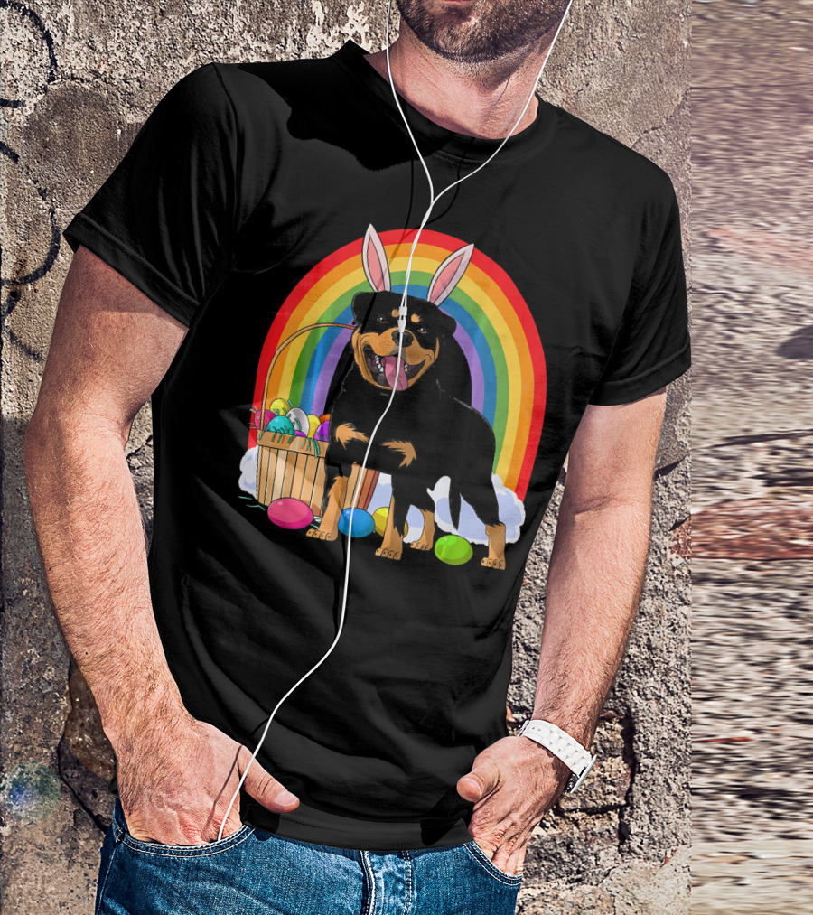 Rottweiler Bunny With Easter Eggs And Rainbow T-Shirt