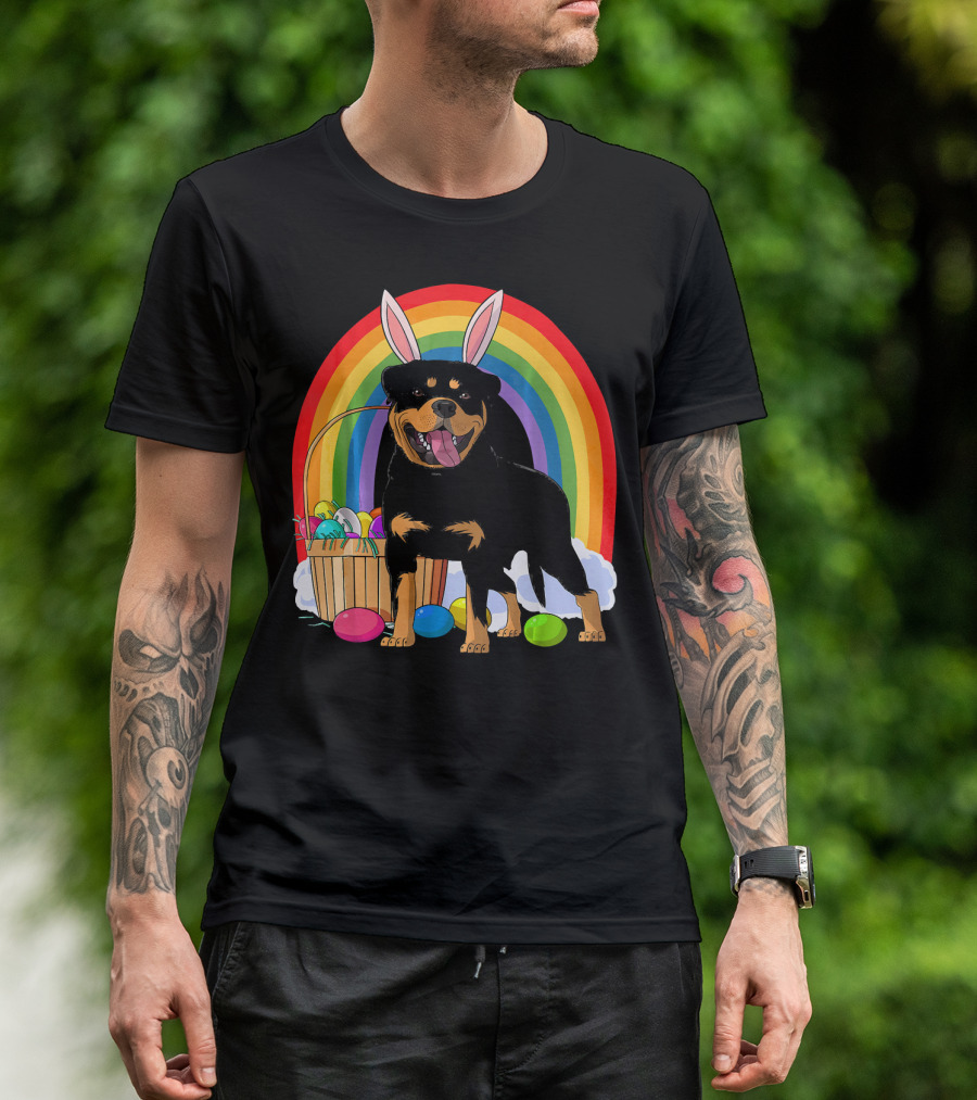 Rottweiler Bunny With Easter Eggs And Rainbow T-Shirt