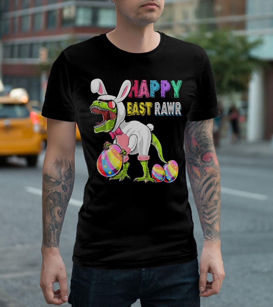 Happy Eastrawr Rex Dinosaur Easter Bunny Costume With Colorful Eggs T-Shirt