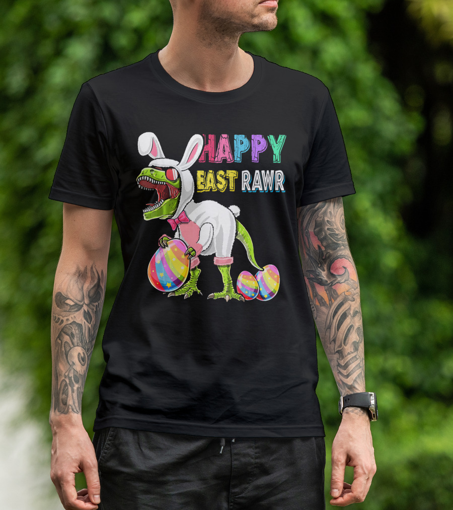 Happy Eastrawr Rex Dinosaur Easter Bunny Costume With Colorful Eggs T-Shirt