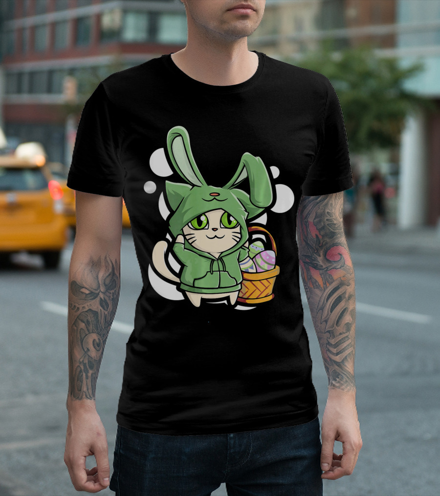 Cat Easter Bunny Hoodie Kawaii with Basket of Eggs T-Shirt