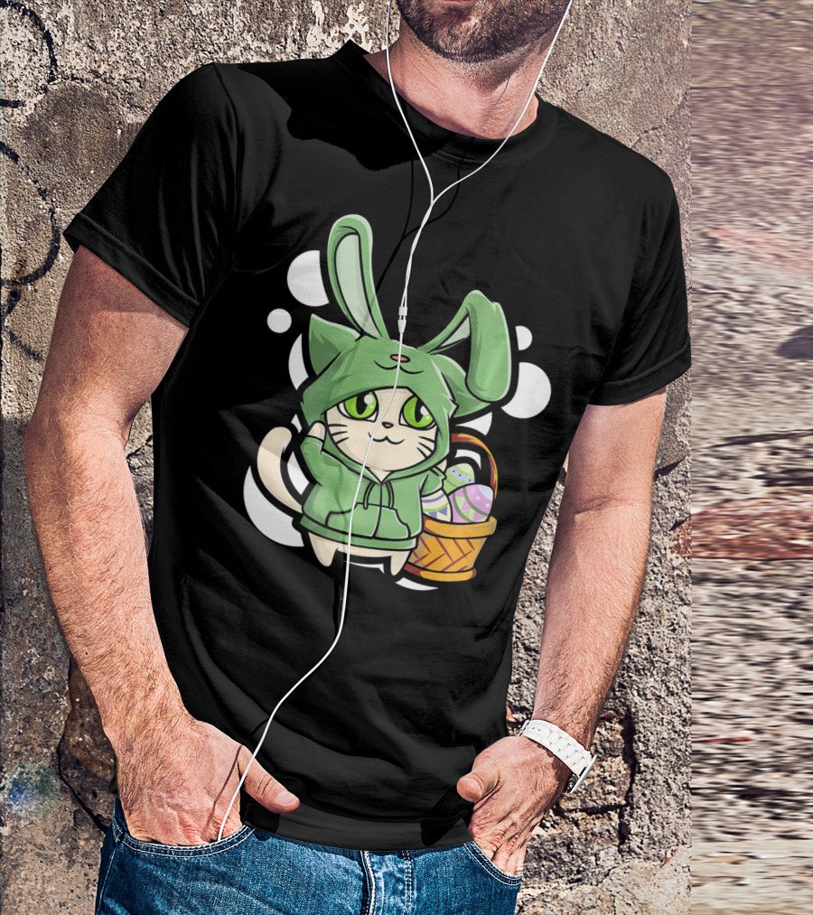 Cat Easter Bunny Hoodie Kawaii With Basket Of Eggs T-Shirt