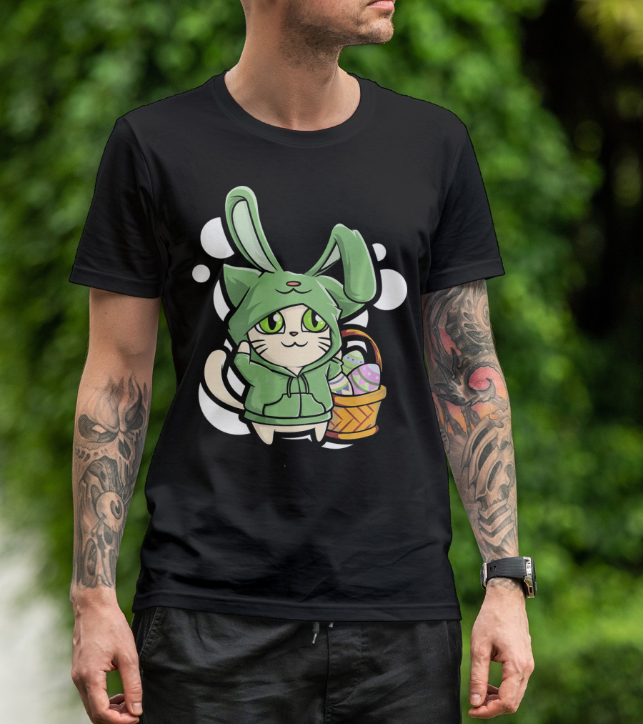 Cat Easter Bunny Hoodie Kawaii With Basket Of Eggs T-Shirt