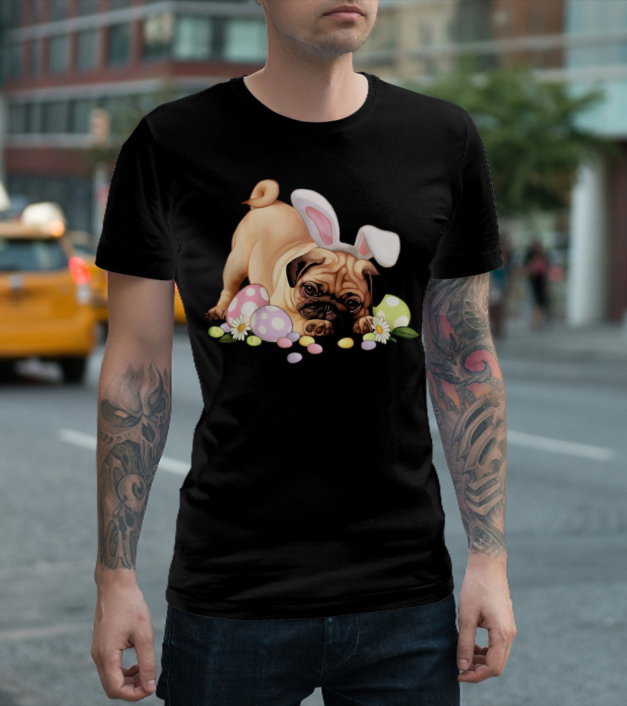 Pug Lovers Bunny Ears Happy Easter Eggs T-Shirt