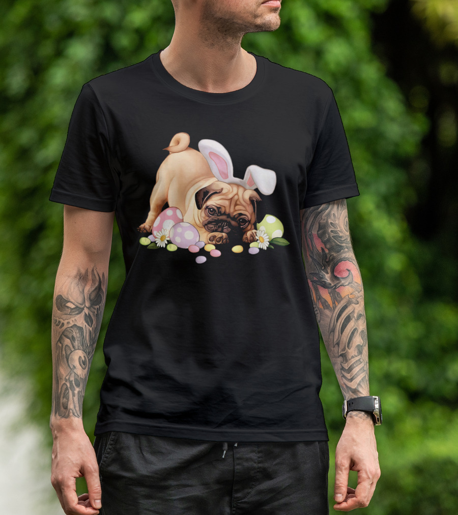 Pug Lovers Bunny Ears Happy Easter Eggs T-Shirt