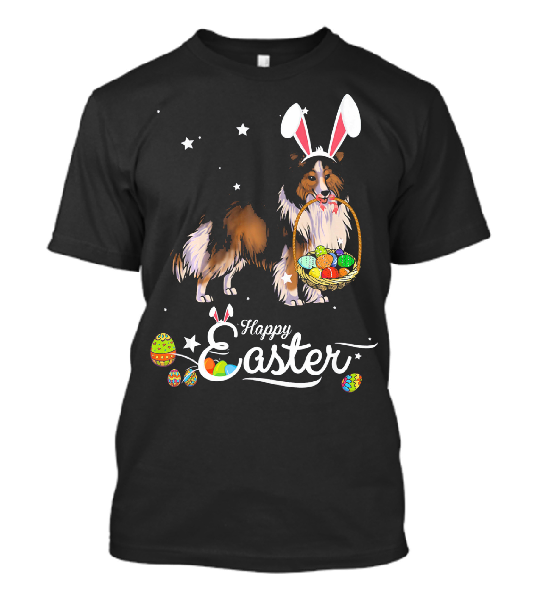 Shetland Sheepdog With Bunny Hat And Easter Eggs Happy Easter T-Shirt