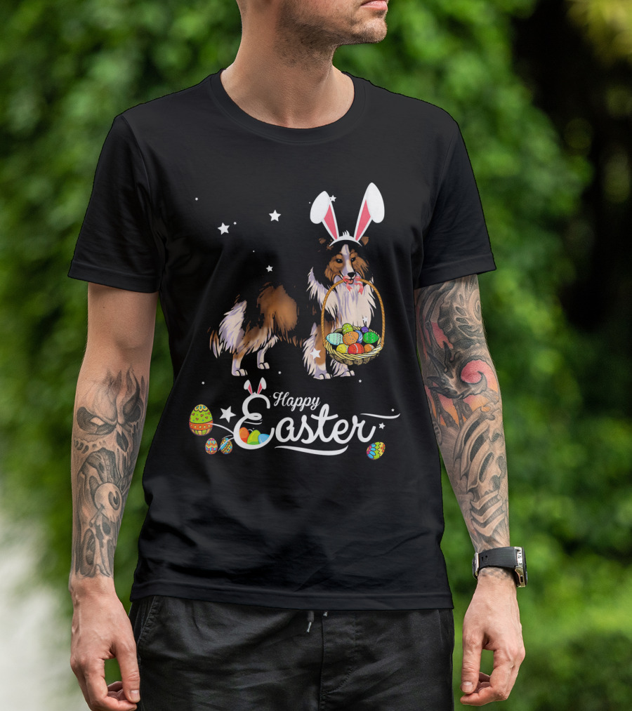 Shetland Sheepdog With Bunny Hat And Easter Eggs Happy Easter T-Shirt
