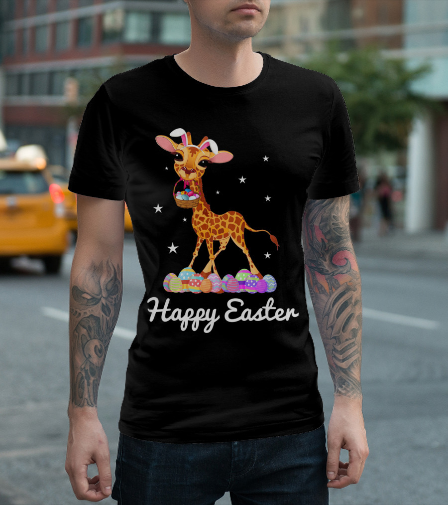 Happy Easter Giraffe with Bunny Ears and Colorful Eggs T-Shirt