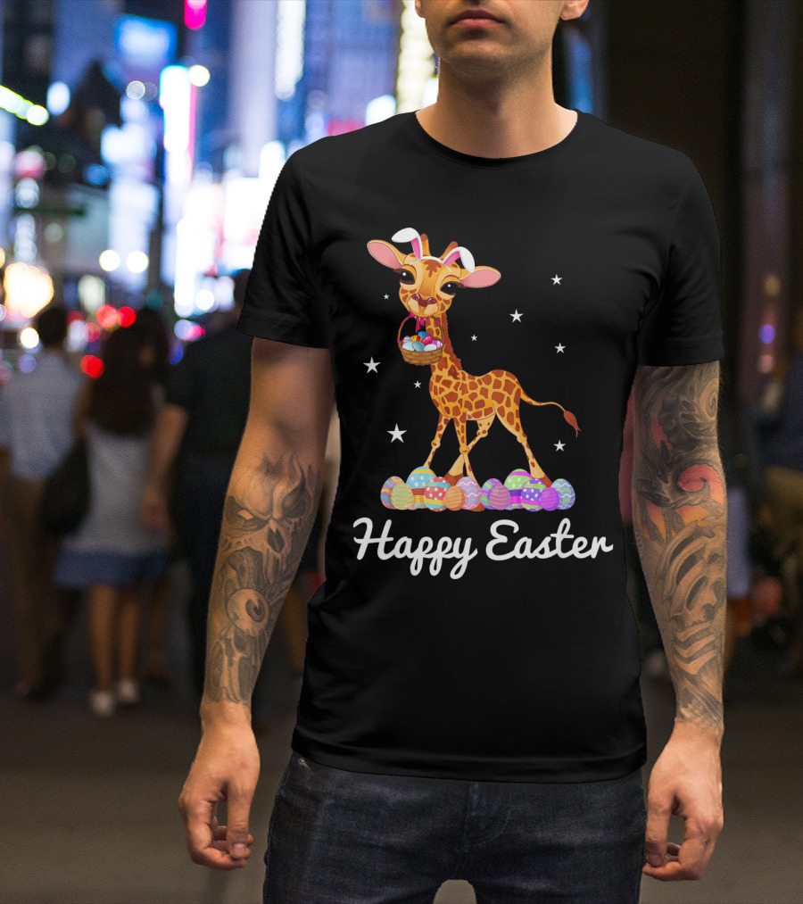 Happy Easter Giraffe With Bunny Ears And Colorful Eggs T-Shirt