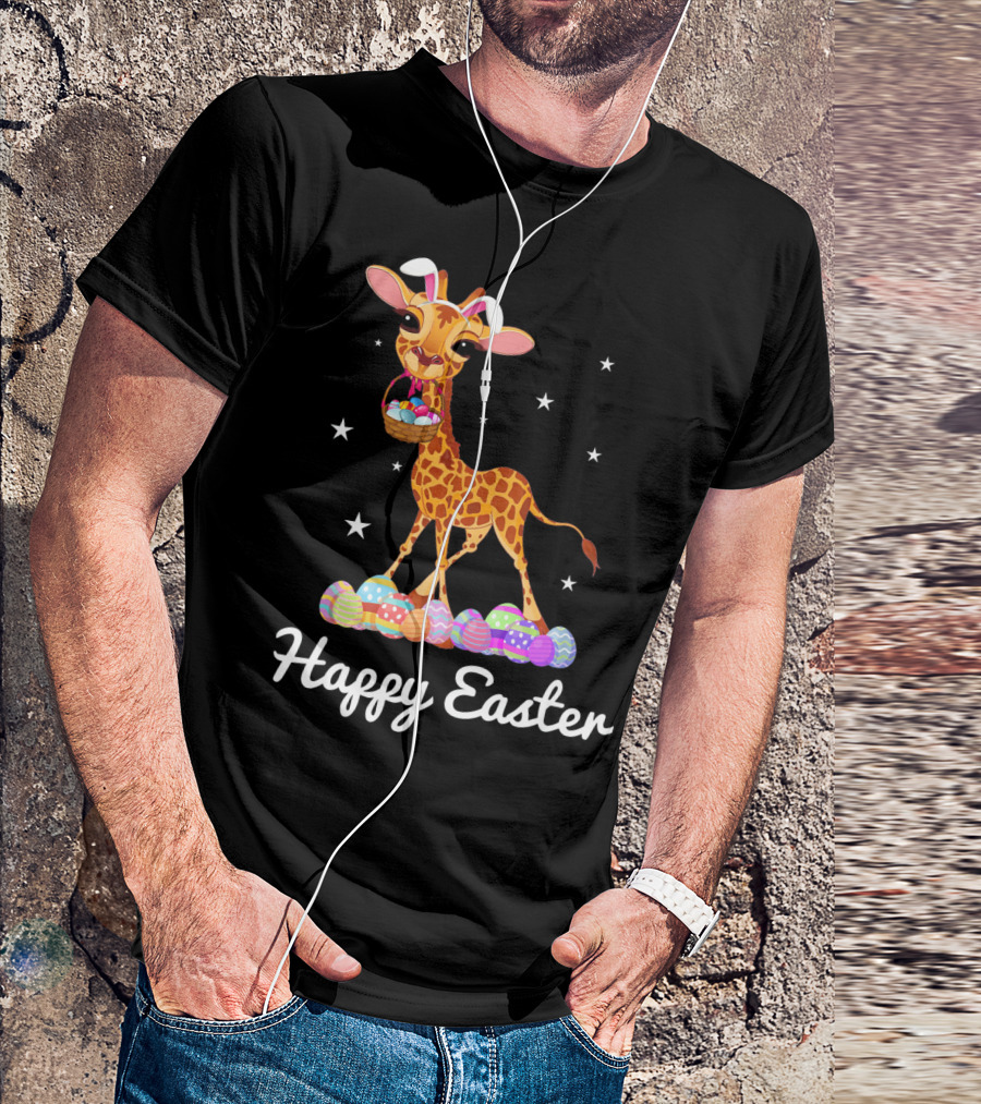 Happy Easter Giraffe With Bunny Ears And Colorful Eggs T-Shirt