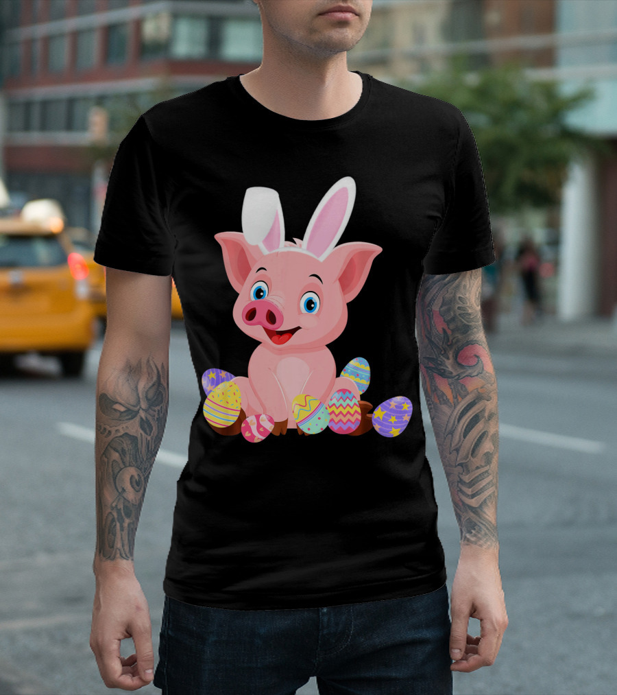 Pig Wearing Bunny Ears Surrounded by Colorful Easter Eggs T-Shirt
