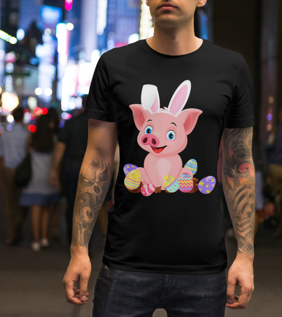 Pig Wearing Bunny Ears Surrounded By Colorful Easter Eggs T-Shirt
