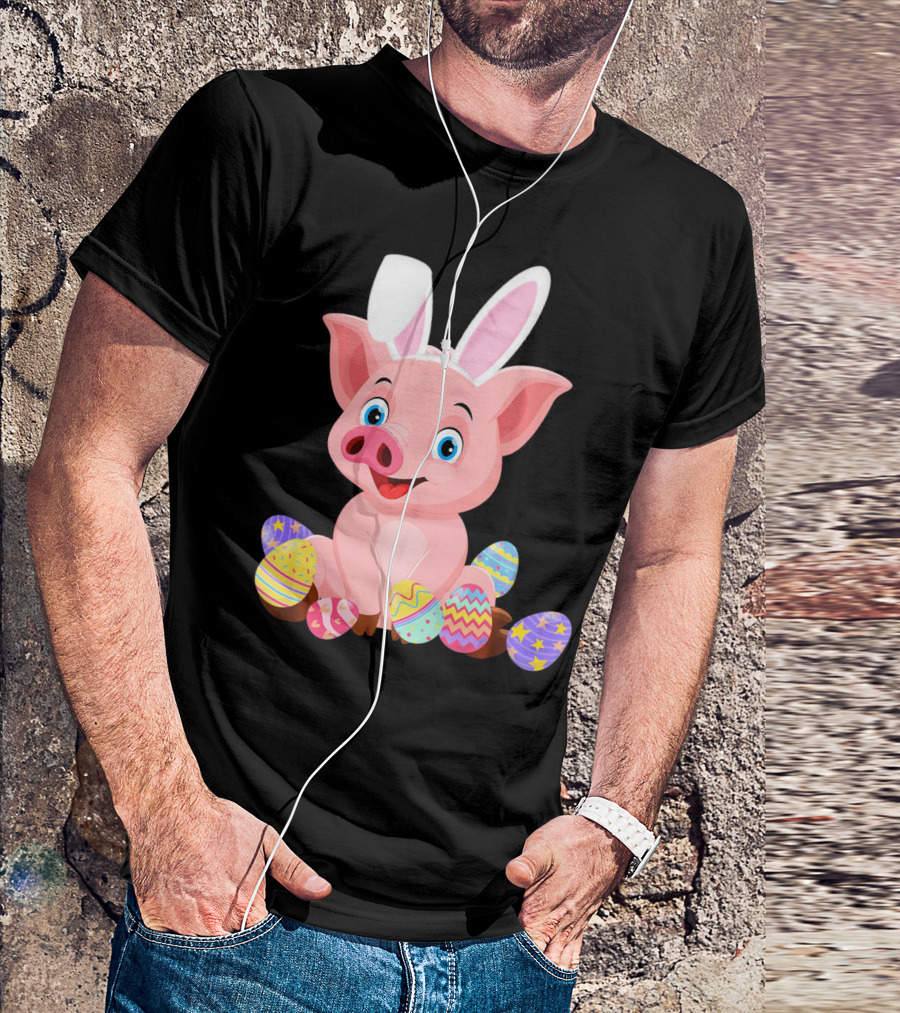 Pig Wearing Bunny Ears Surrounded By Colorful Easter Eggs T-Shirt