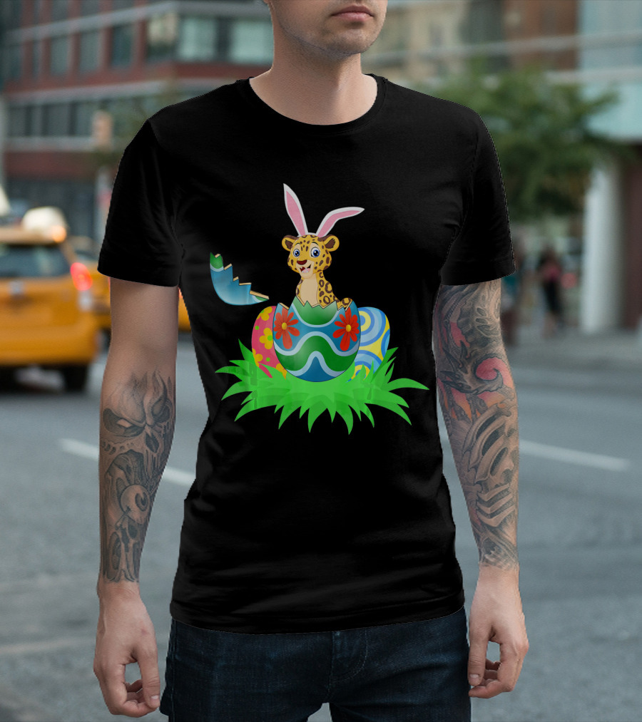 Easter Leopard with Bunny Ears in Colorful Easter Egg T-Shirt