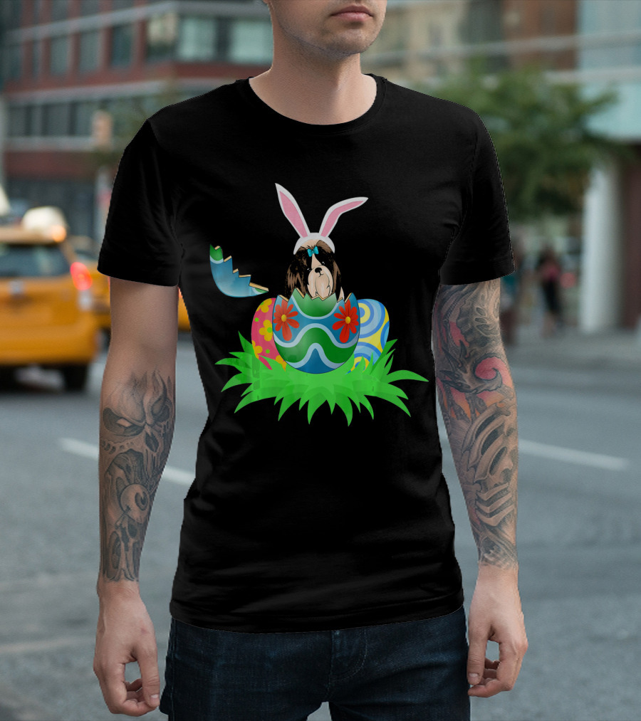 Easter Shih Tzu In Bunny Ears With Colorful Easter Eggs In Grass T-Shirt