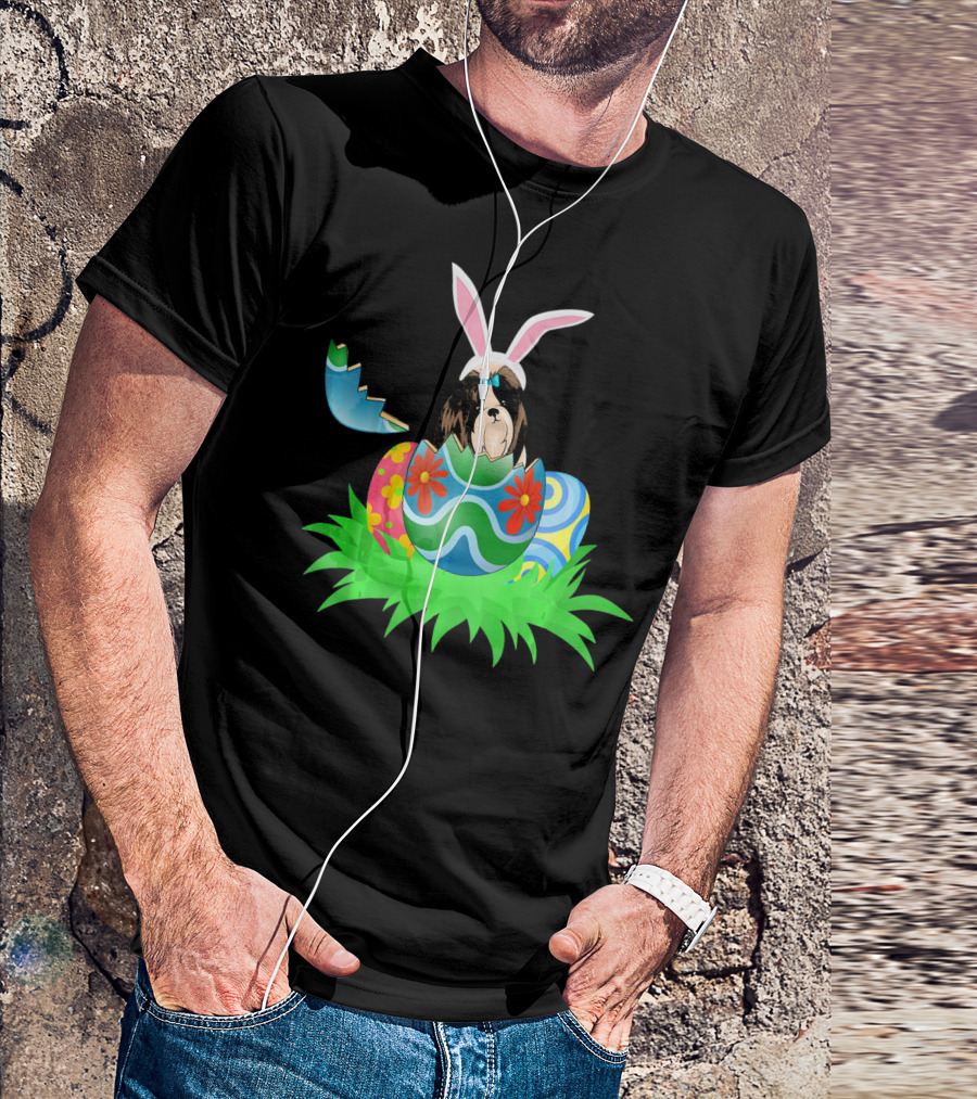 Easter Shih Tzu In Bunny Ears With Colorful Easter Eggs In Grass T-Shirt