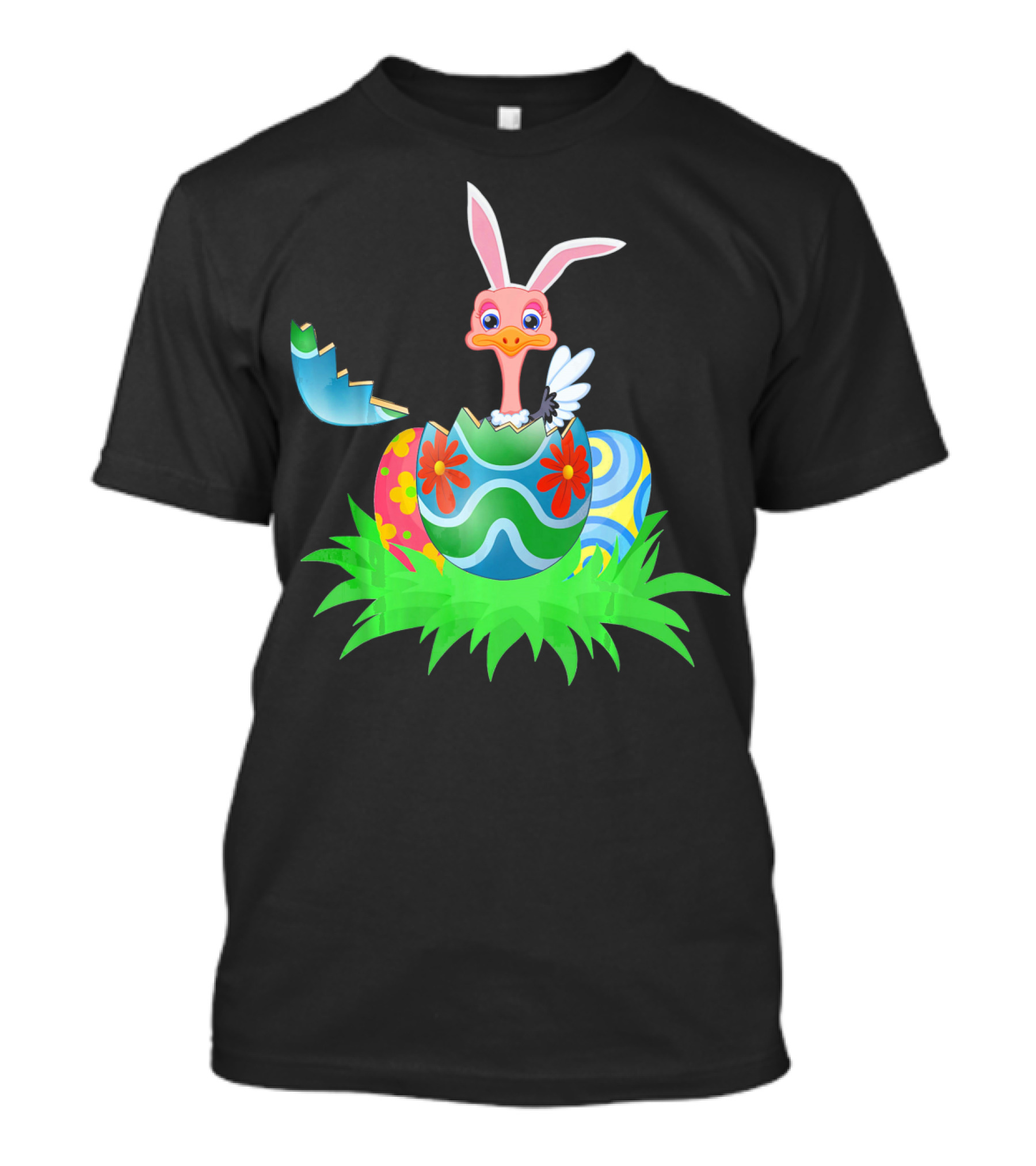 Easter Ostrich Hatching From Colorful Easter Egg With Bunny Ears And Flowers T-Shirt