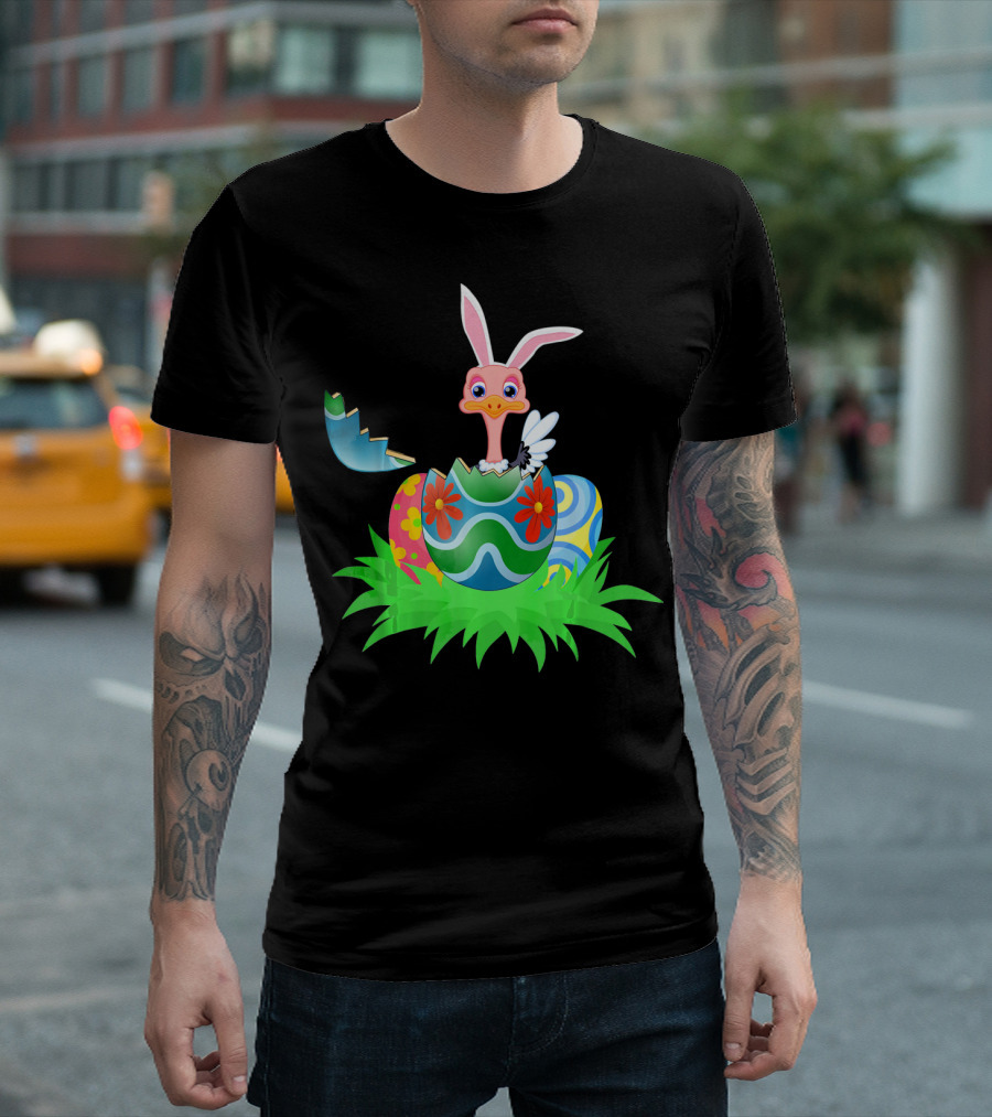 Easter Ostrich Hatching From Colorful Easter Egg With Bunny Ears And Flowers T-Shirt
