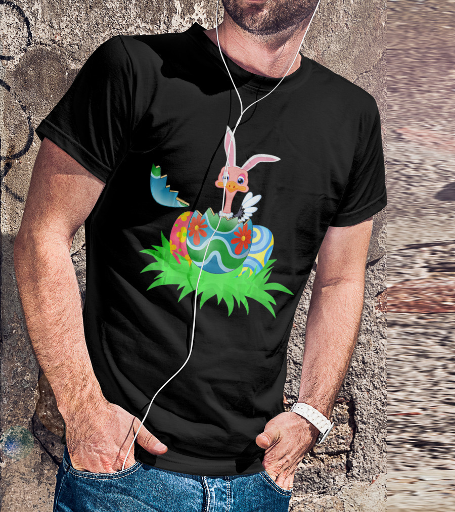 Easter Ostrich Hatching From Colorful Easter Egg With Bunny Ears And Flowers T-Shirt