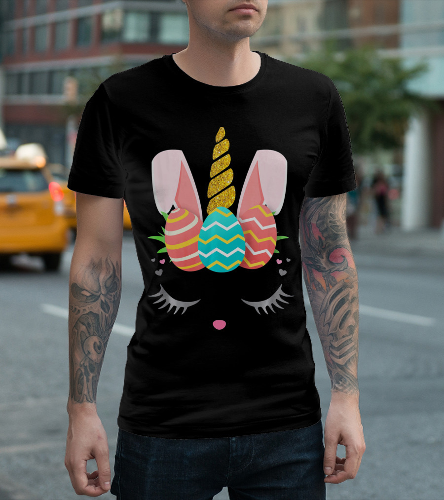 Bunnycorn Easter Bunny Rabbit Face Unicorn Ears Eggs Hearts T-Shirt