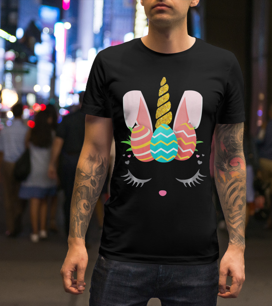 Bunnycorn Easter Bunny Rabbit Face Unicorn Ears Eggs Hearts T-Shirt