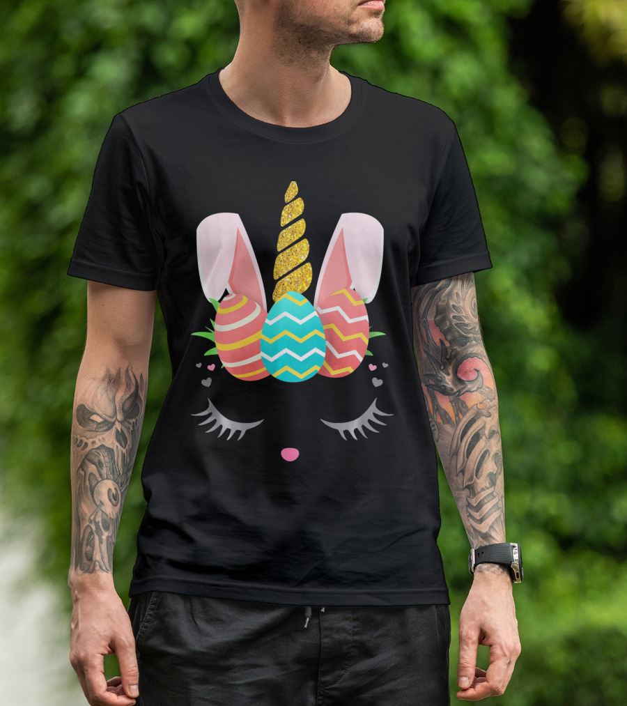 Bunnycorn Easter Bunny Rabbit Face Unicorn Ears Eggs Hearts T-Shirt