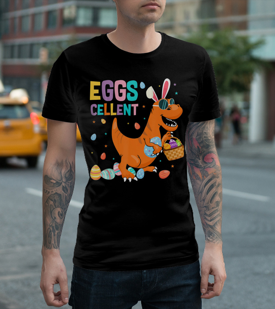 Eggscellent Easter Dinosaur With Bunny Ears And Eggs Basket T-Shirt