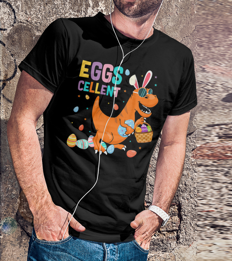 Eggscellent Easter Dinosaur With Bunny Ears And Eggs Basket T-Shirt