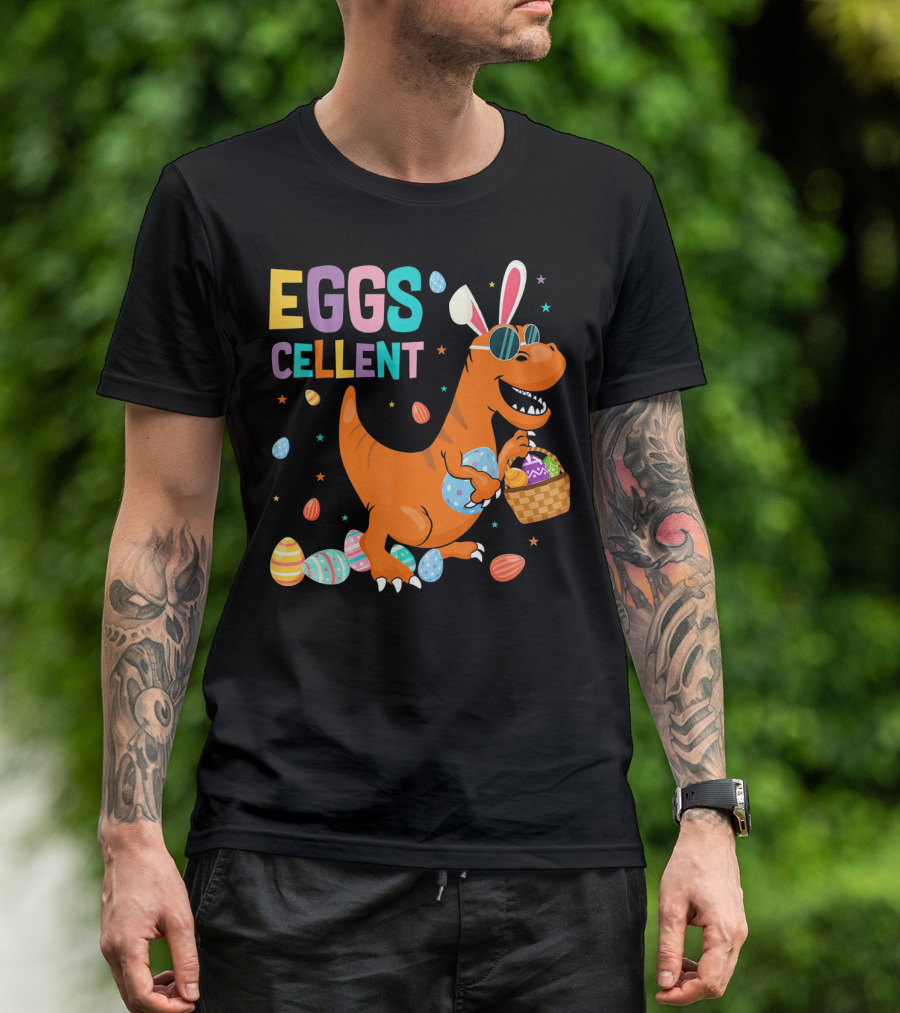 Eggscellent Easter Dinosaur With Bunny Ears And Eggs Basket T-Shirt