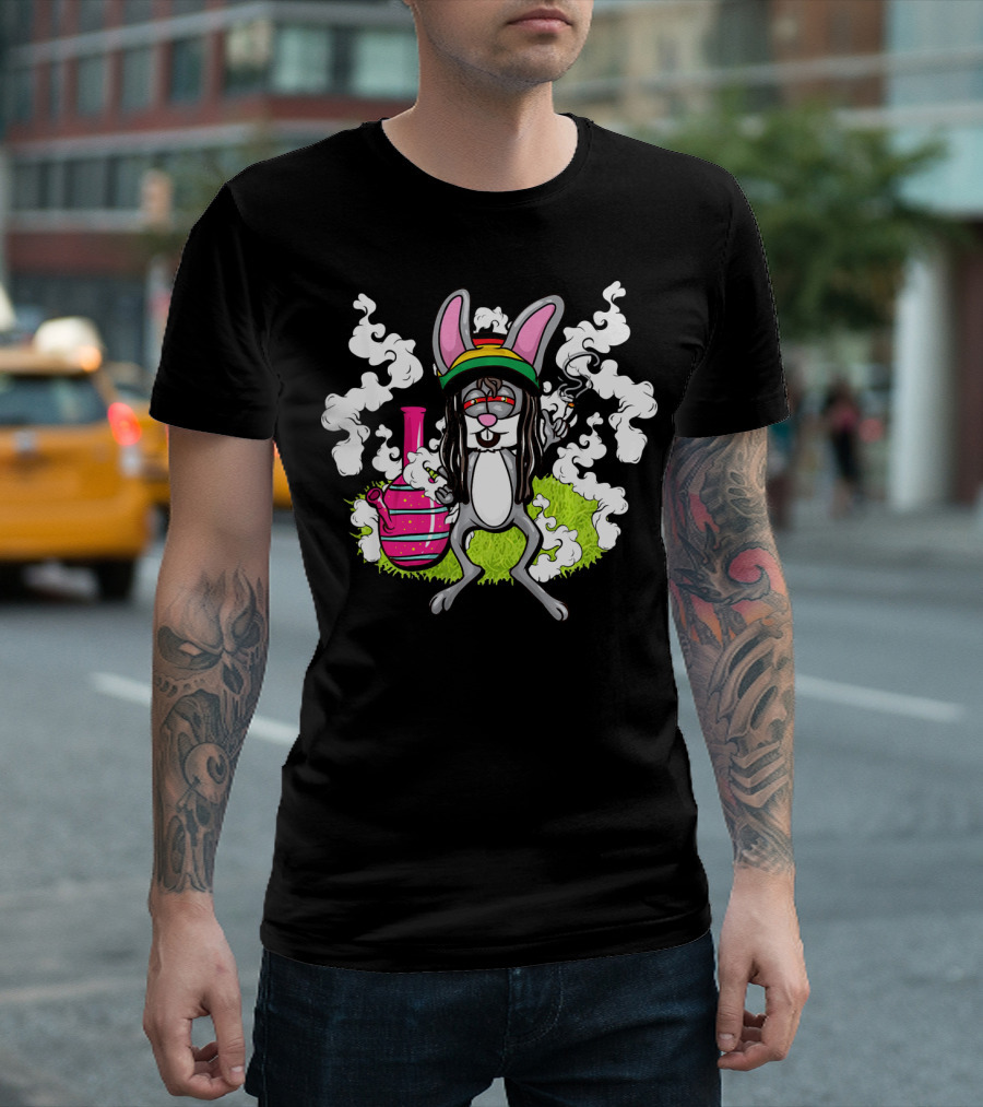 Easter Bunny Cannabis Humor Rasta Vibes with Smoke and Bong T-Shirt