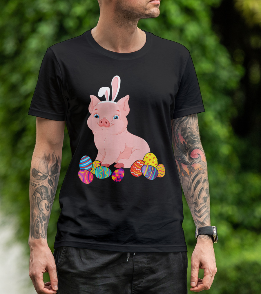 Pig With Bunny Ears Surrounded By Colorful Easter Eggs Easter Day T-Shirt