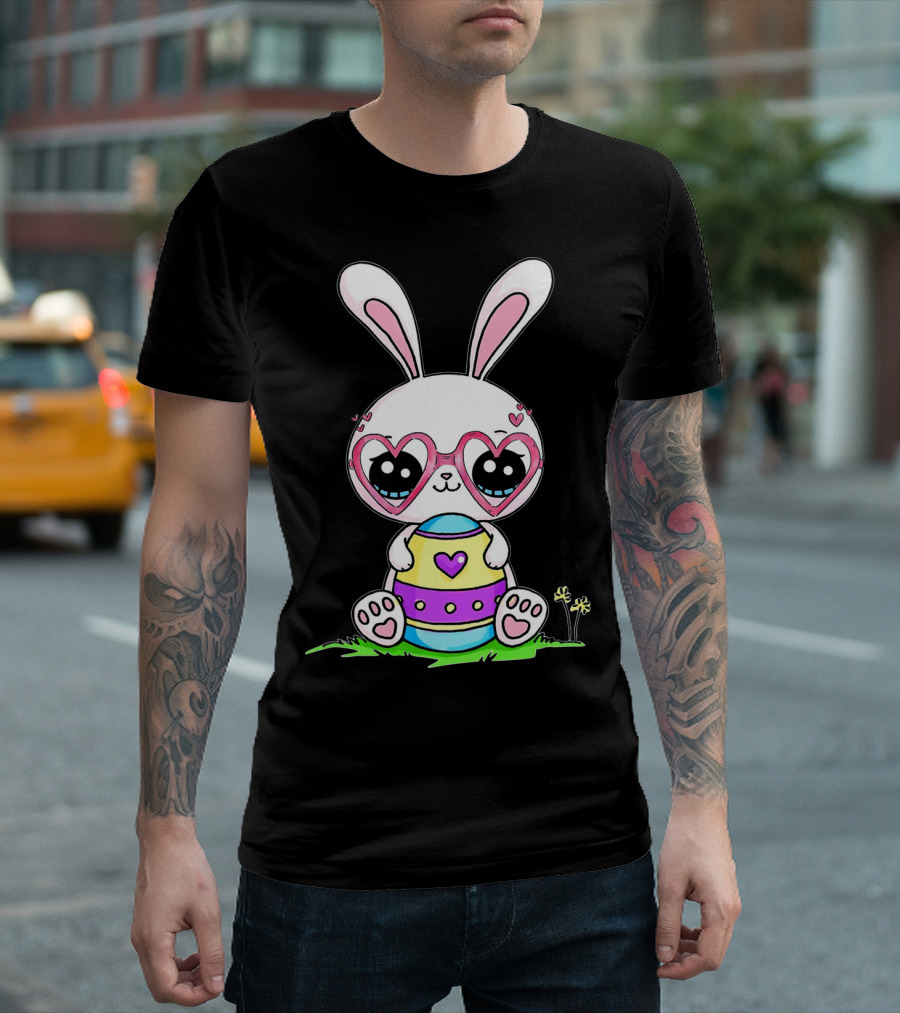 Adorable Easter Bunny With Heart-Shaped Glasses And Colorful Egg T-Shirt