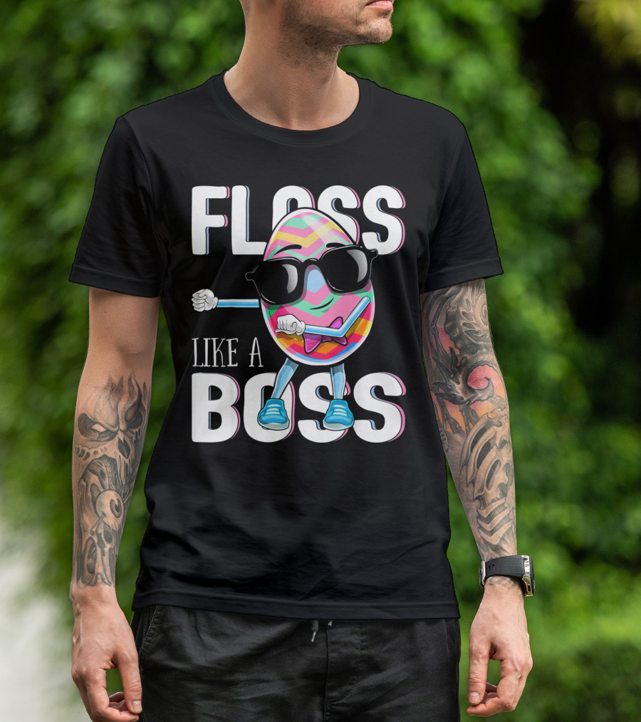 FLOSS LIKE A BOSS Flossing Easter Egg With Sunglasses And Colorful Stripes T-Shirt