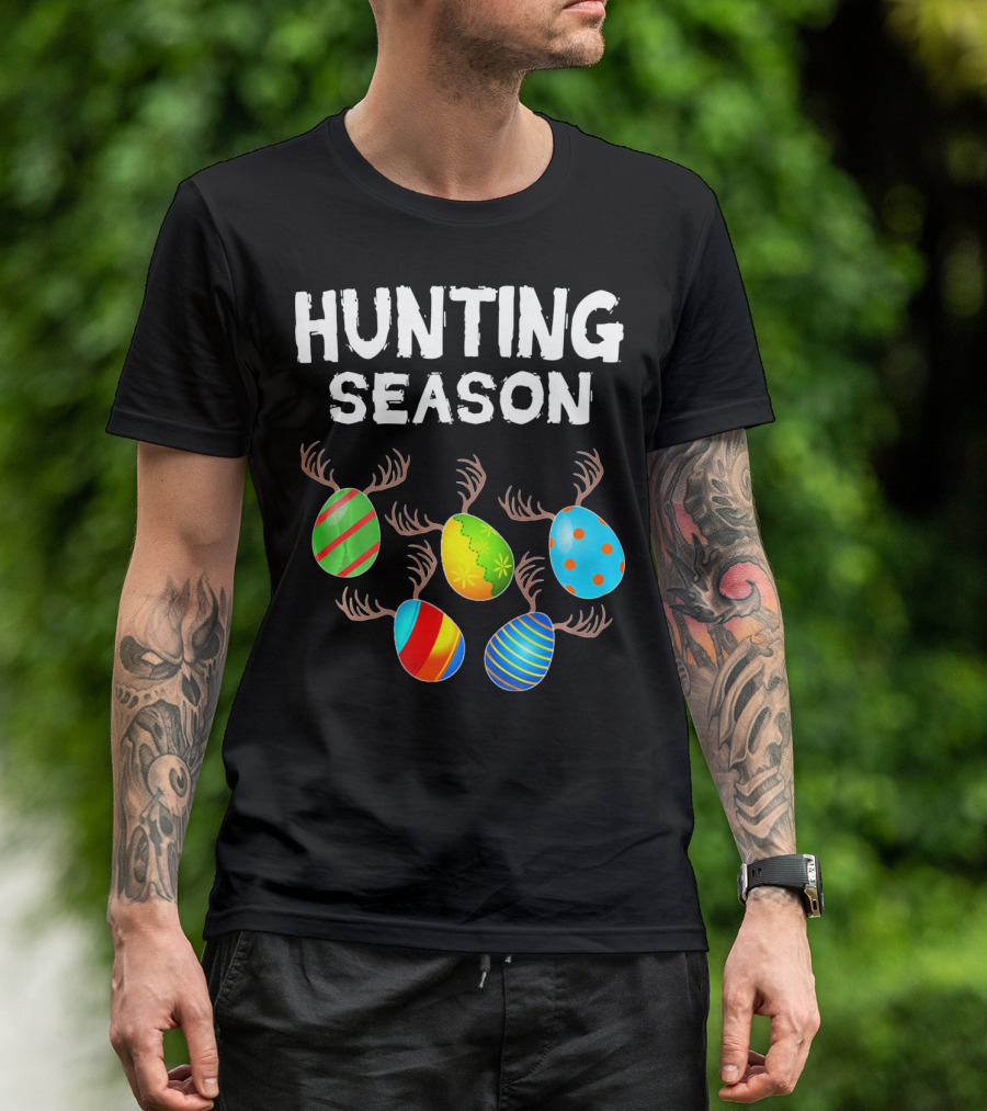 Hunting Season Funny Easter Bunny With Colorful Eggs And Antlers T-Shirt