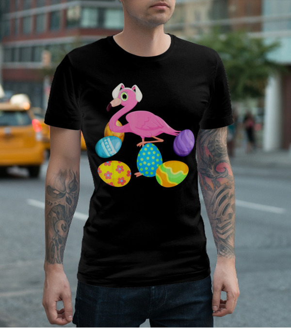 Flamingo Bunny Rabbit Hat With Colorful Easter Eggs Playing Easter T-Shirt