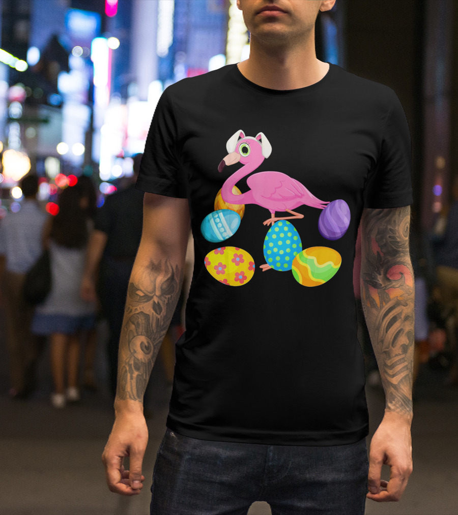 Flamingo Bunny Rabbit Hat With Colorful Easter Eggs Playing Easter T-Shirt